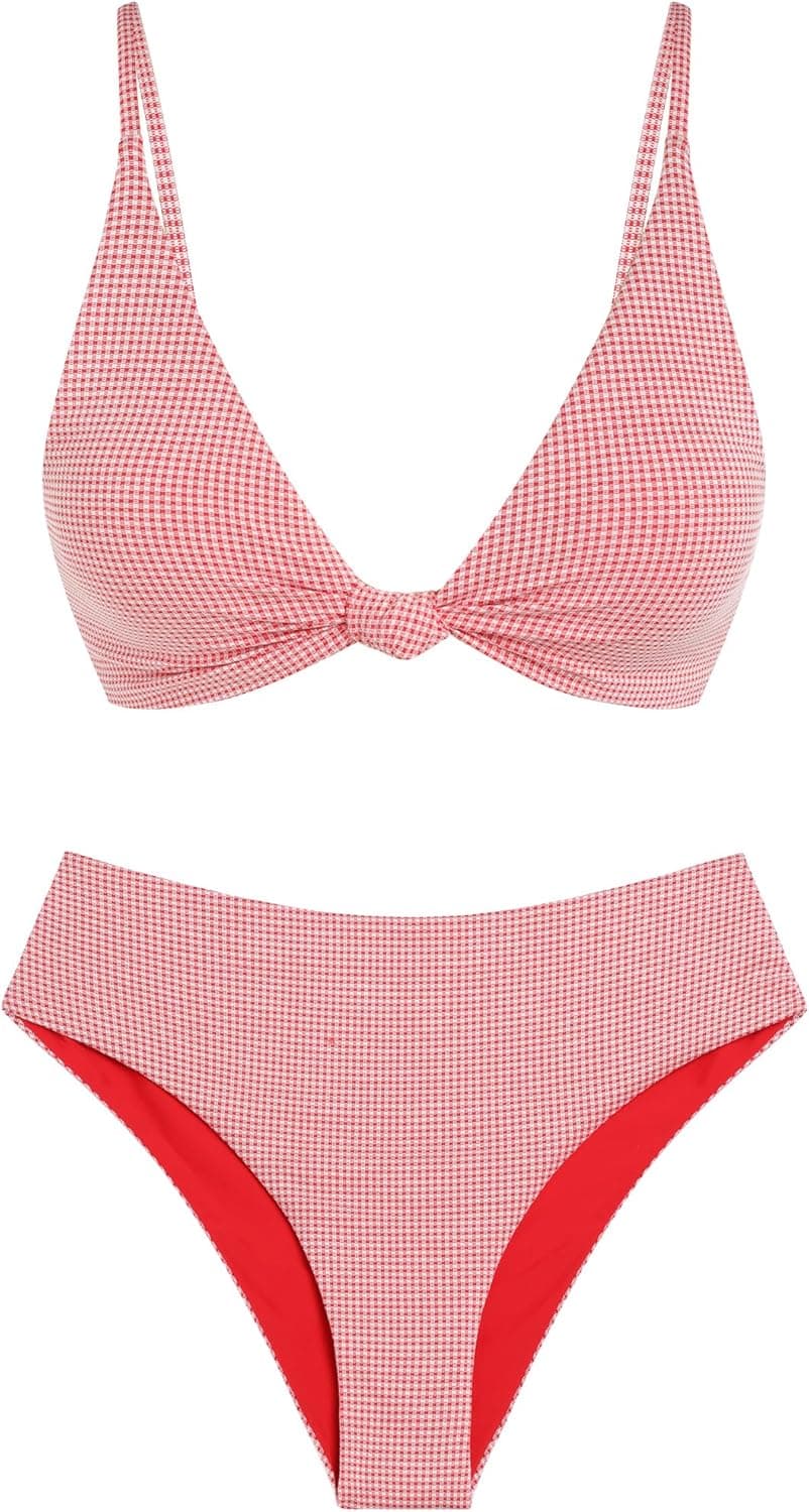ZAFUL Bikini Sets for Women Sexy Bathing Suit Swimsuit Push Up Knot Bikini Top Cheeky High Waisted High Leg Bikini Bottoms Red Gingham L - image 1