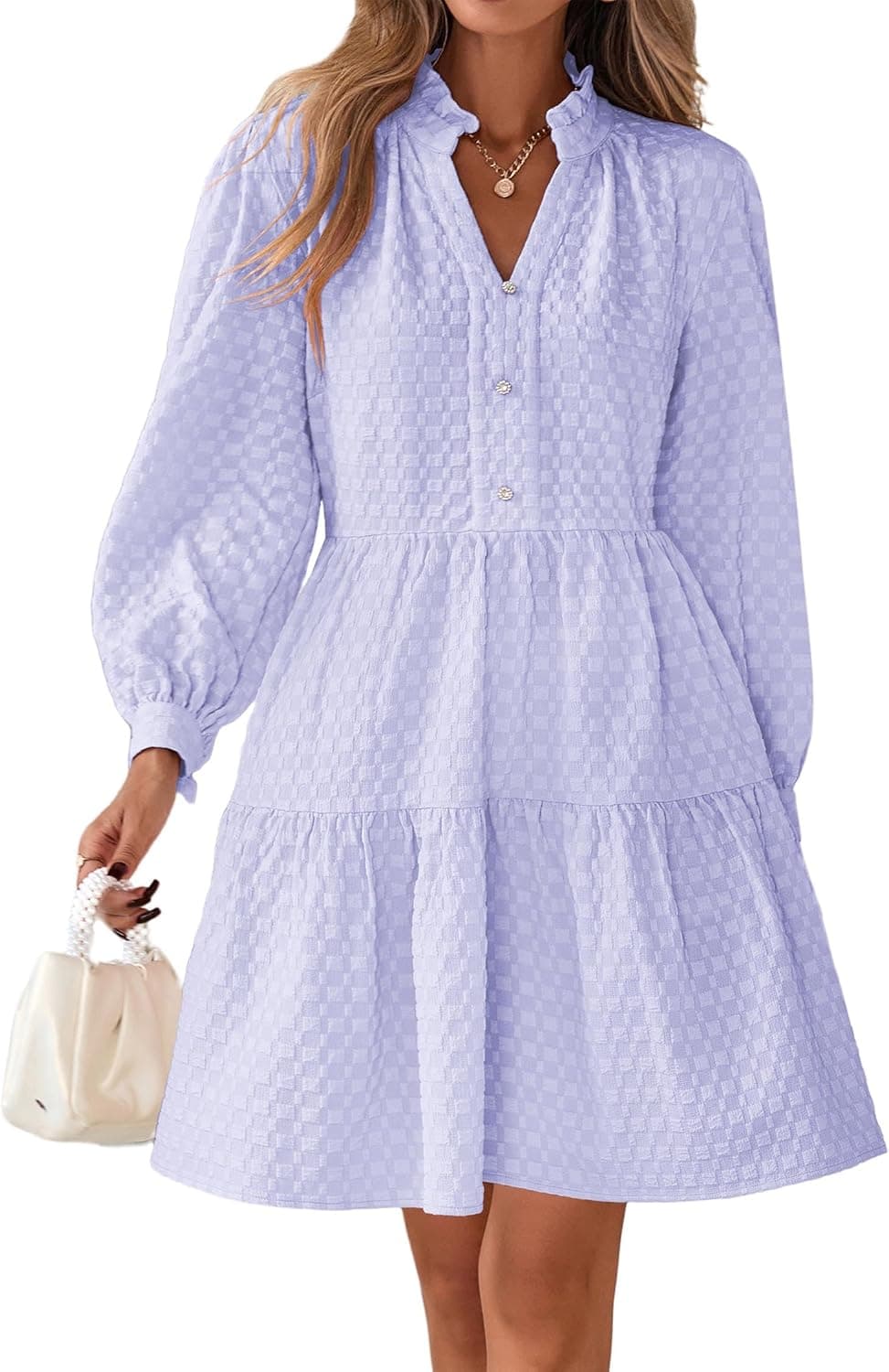 Lazysmile Dresses for Women Long Sleeve V Neck Button Down Ruffled Flowy Fall Casual Babydoll Tunic Dress - image 1