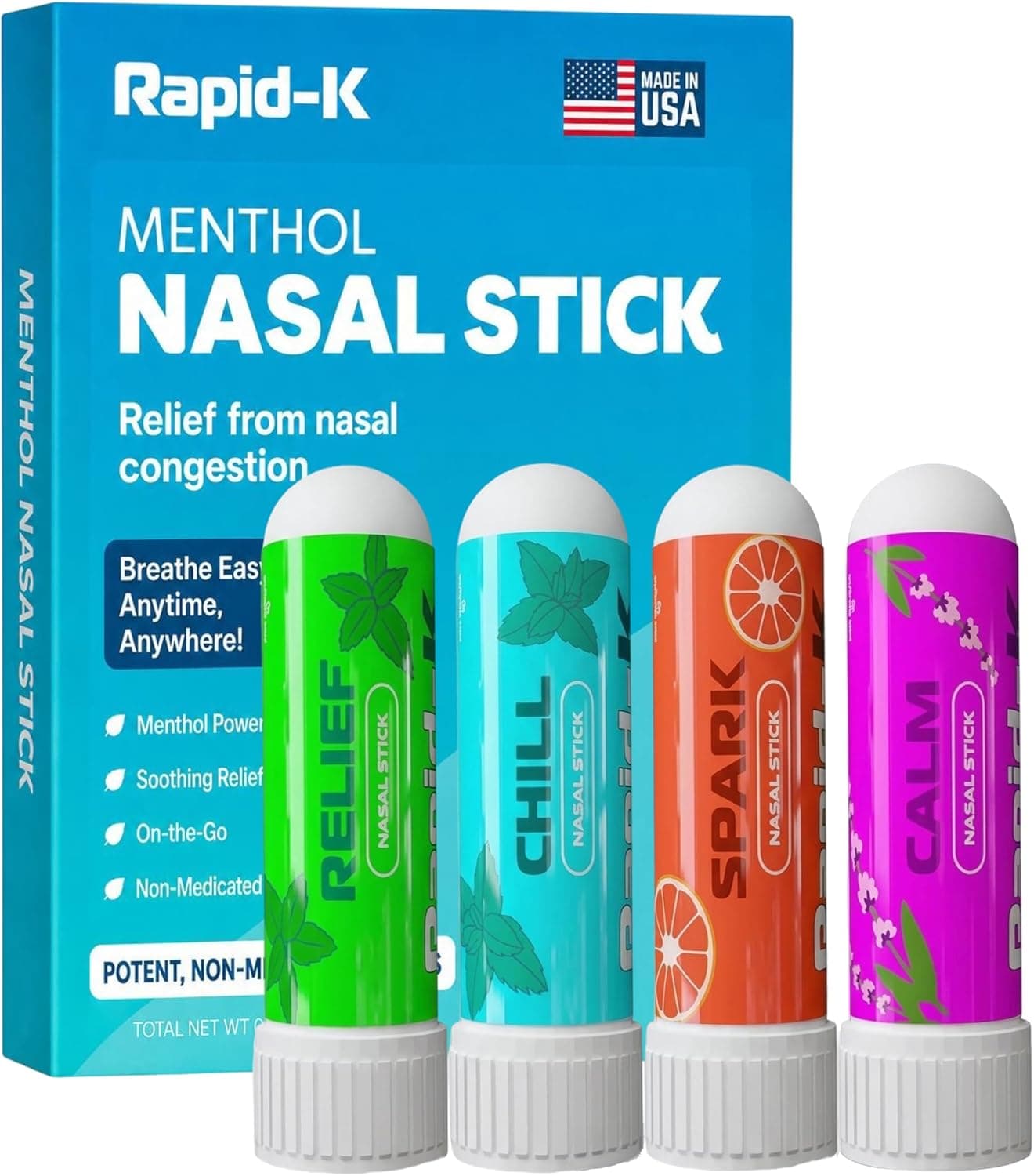 Rapid-K Nasal Inhaler Stick 4 Pack – Nausea & Sinus Relief, Motion Sickness & Morning Sickness – Non-Medicated Menthol Aromatherapy Inhalers – Mint, Wintergreen, Lavender, Tropical Variety Pack