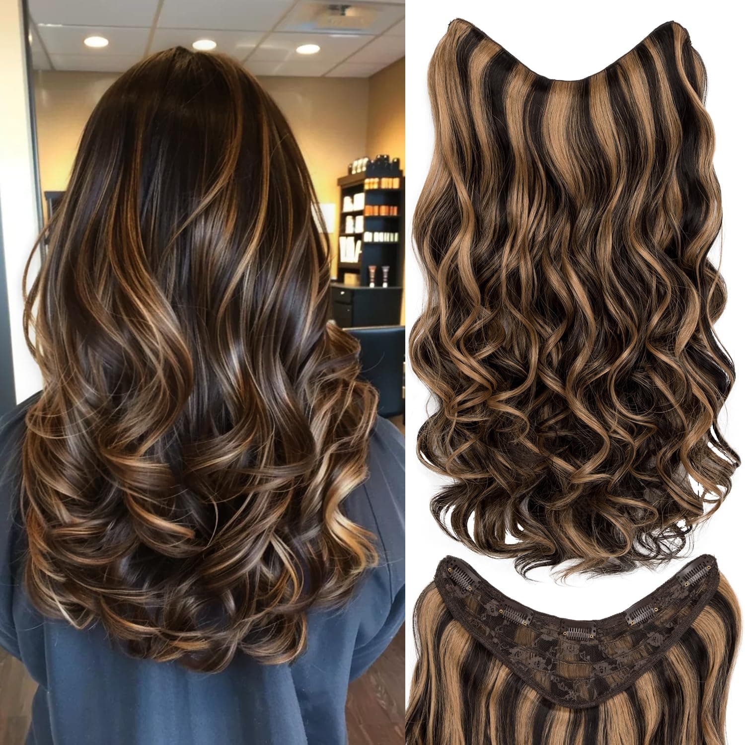 Clip in Hair Extensions for Women - Long Wavy Synthetic Hairpieces, Soft Full Head Extensions for Everyday & Party, Heat Resistant Volumizing Hair Wefts-Black Brown with Caramel Highlights