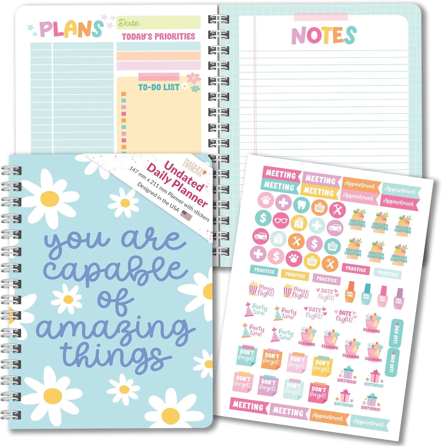 Hadley Designs Daily Planner Undated - Undated Daily Planner with Hourly Schedule, To Do List Notebook for Work, Day Planners for Kids & Adults, Teacher Supplies, Teacher Graduation Gifts