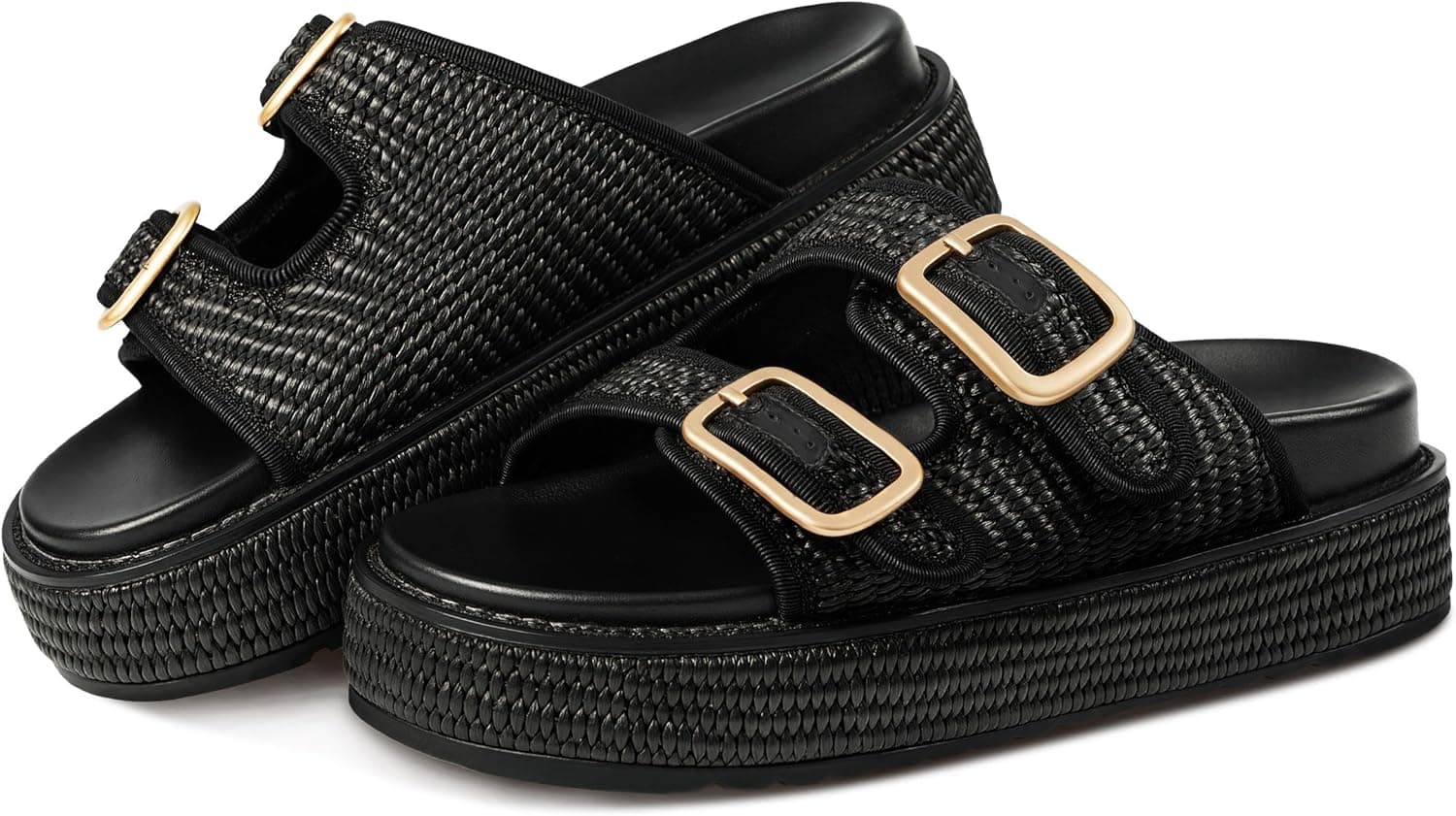 KaroNairy Platform Sandals for Women Raffia Espadrille Wedges Summer Beach Sandals Woven Straw Crochet Sandal Adjustable Double Buckle Strap Rattan Flats