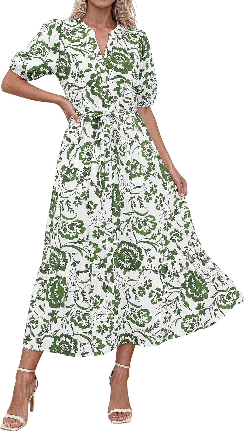 Okiwam Dresses For Women,V Neck Button Down Boho Floral Long Dress,2026 Summer Beach Cover Ups Graduation Wedding Guest Dress