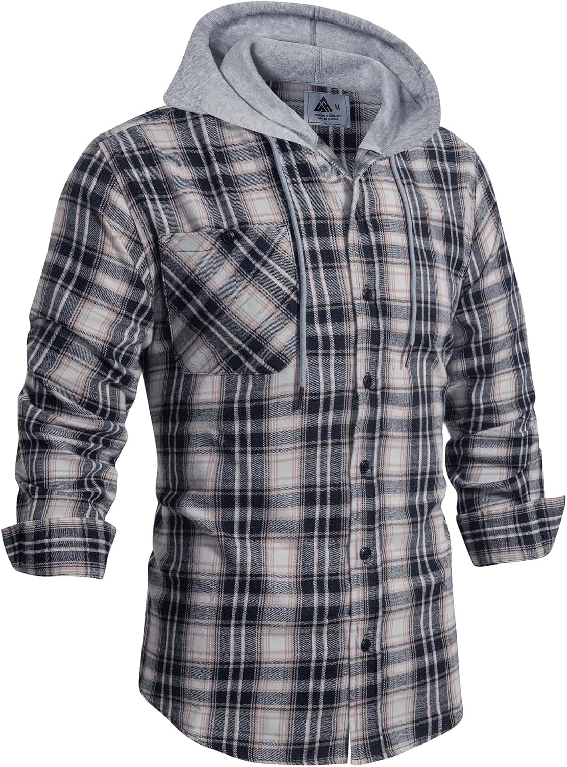 Men's Flannel Shirt Plaid Hoodie Stylish Long Sleeve Fall Casual Button Down Western Shirts with Flat Pocket