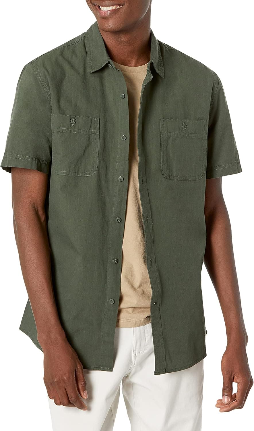 Slim-fit Short-sleeve Chambray Shirt - Men's Regular Fit, Olive - image 1