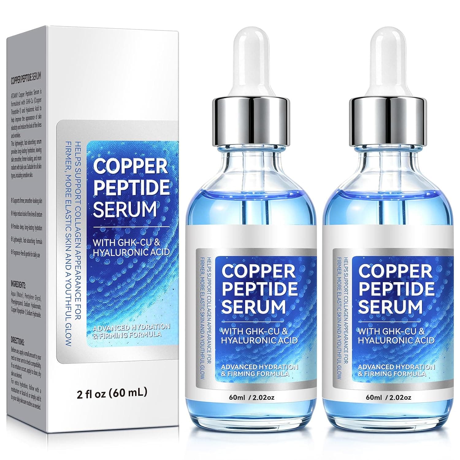Copper Peptide Serum for Face, GHK-Cu (Copper Tripeptide-1) Anti-Aging Facial Serum with Hyaluronic Acid, Hydrating, Firming & Repairing for Sensitive Skin,Facial Serum for Skin Elasticity -2Pack