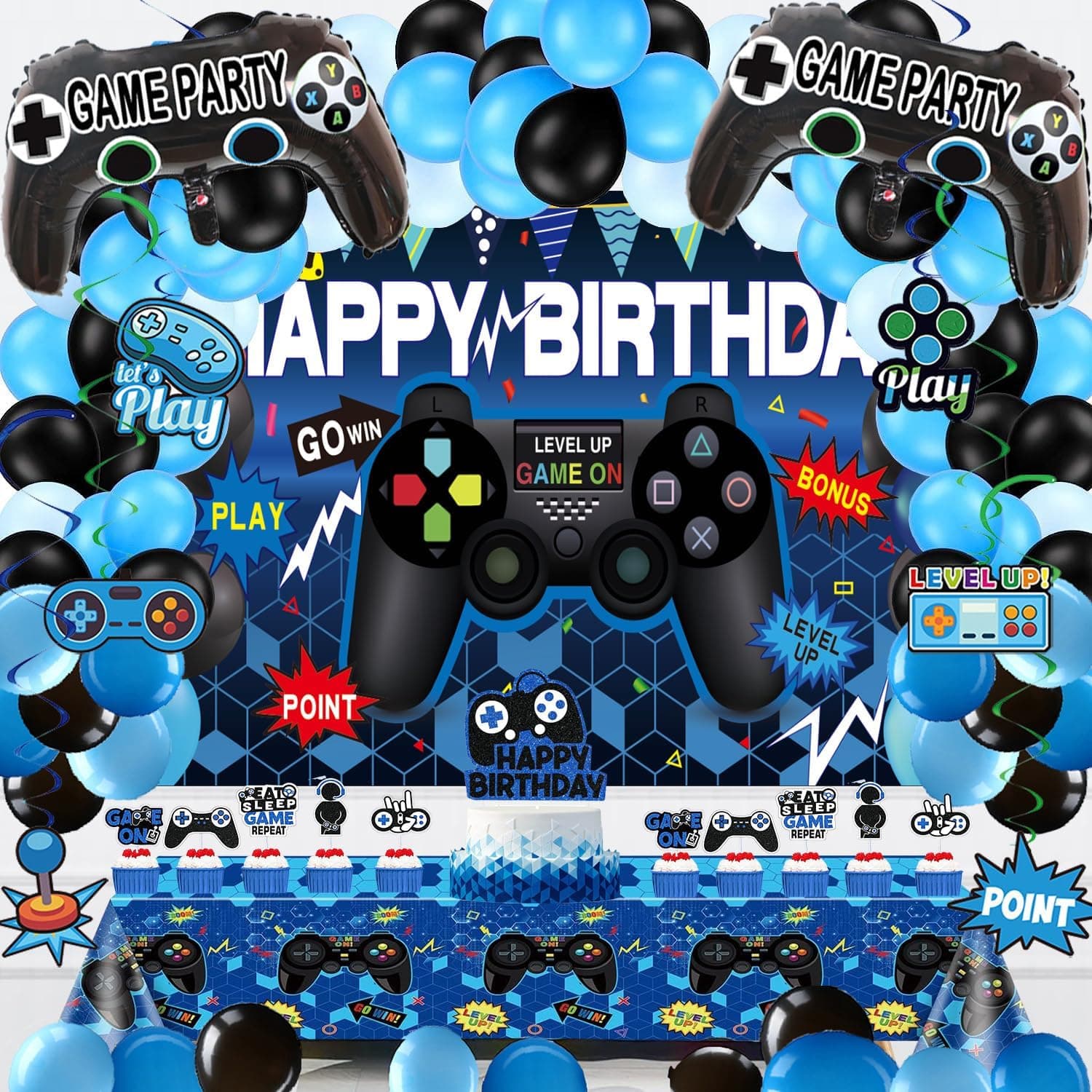 Video Game Party Decorations Set – 75PCS Gamer Birthday Supplies with Gaming Backdrop, Table Cover, Hanging Swirls, Cake Toppers, Foil Balloons for Boys & Kids Party - image 1