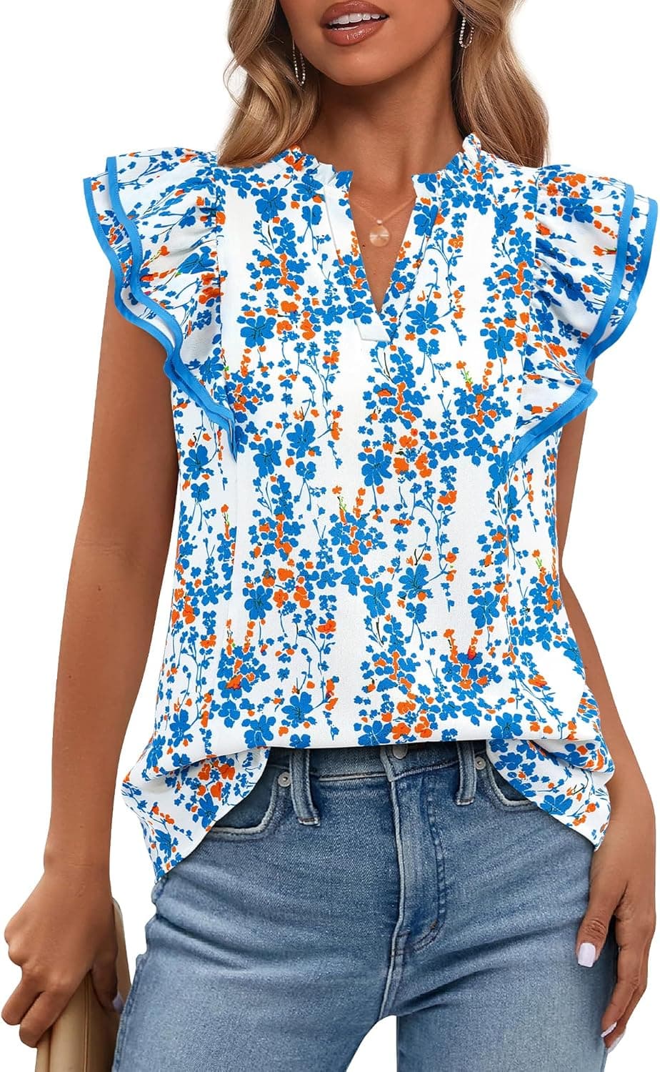 BTFBM Womens Tops Dressy Casual 2026 Spring Summer Shirts Boho Floral V Neck Ruffle Cap Sleeve Business Work Blouses - image 1