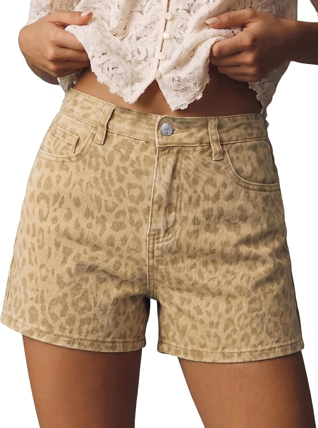 luvamia Jean Shorts for Women Trendy High Waisted Cheetah Leopard Animal Print Stretchy Denim Shorts Summer Casual Jorts
