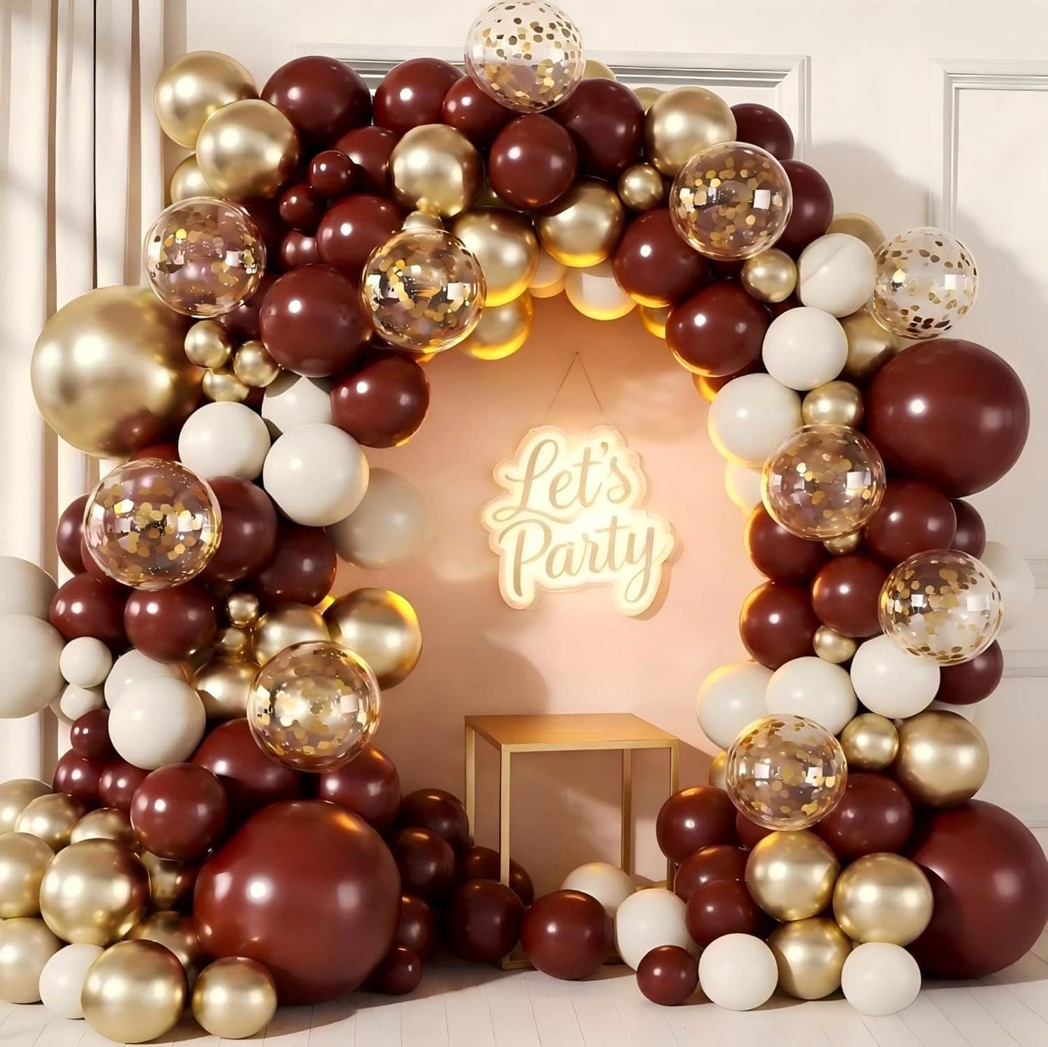 Burgundy Balloon Garland Arch Kit, 174Pcs Burgundy Maroon Gold Sand White Confetti Balloons for Christmas Birdal Shower Graduation Birthday Party Decorations