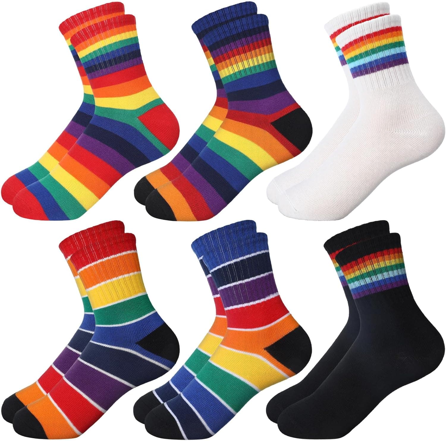 Fourluoo 6 Pairs Striped Socks for Adult Novelty Colorful Crew Socks Athletic Ankle Sock Soft Cotton Unisex Matching Rainbow