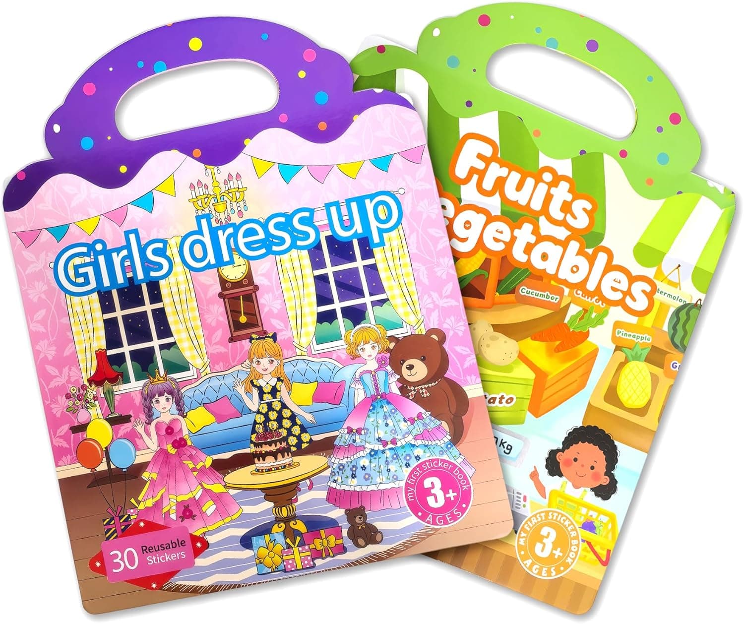 2 Sets Reusable Sticker Book for Kids, Puffy Jelly Stickers for Toddlers, Travel Essentials Craft Activities Toys for Girls Birthday Gifts - Princess, Fruits & Vegetables - image 1