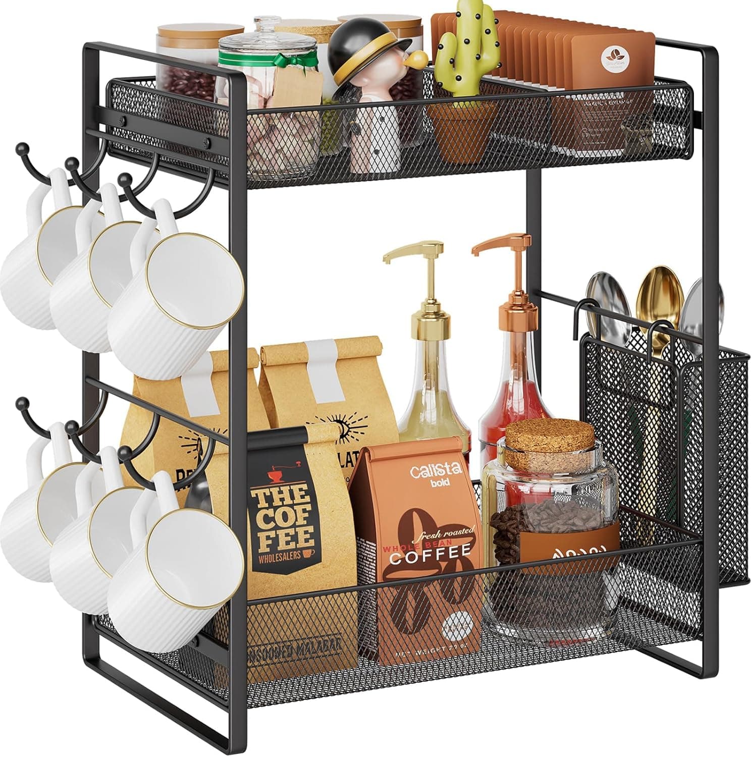 Coffee Bar Organizer with Mug Holder, Metal Coffee Station Organizer for Countertop, 2 Tier Cup Mug Holders Rack with Basket for Kitchen Office, Black