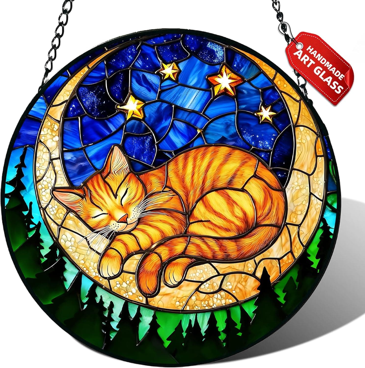 Stained Glass Window Hanging, Orange Sleeping Cat Suncatcher for Door Home Decor Moon Starry Night Sun Catcher Ornament Mother's Day Birthday Gifts for Women Men Mom 7.8 in