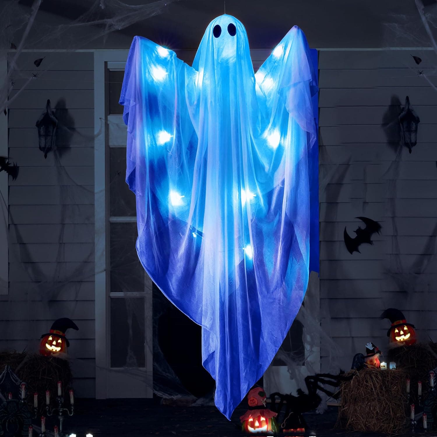 JOYIN Halloween Hanging Light up Ghost, 47” White Ghosts with Blue LED Light and Timer Decoration for Front Yard Patio Lawn Garden Party Decor Indoor Outdoor