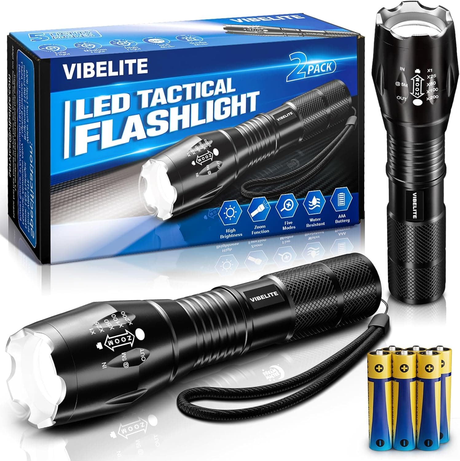 VIBELITE LED Flashlight High Lumens, 5 Modes Zoomable Waterproof Tactical Flashlight for Hiking, Camping Emergency, Cool Gadget Birthday Gifts for Men, Him, Teen Boys, Husband, Gifts for Dad, 2 Pack