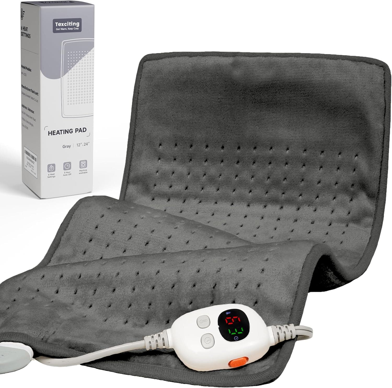 Texciting Heating Pad for Neck and Shoulders and Back,12" x 24"Electric Heating Pads with 3H-Auto Shut Off and 6 Heat Levels,Machine Washable,Birthday Gifts for Men and Women(Gray