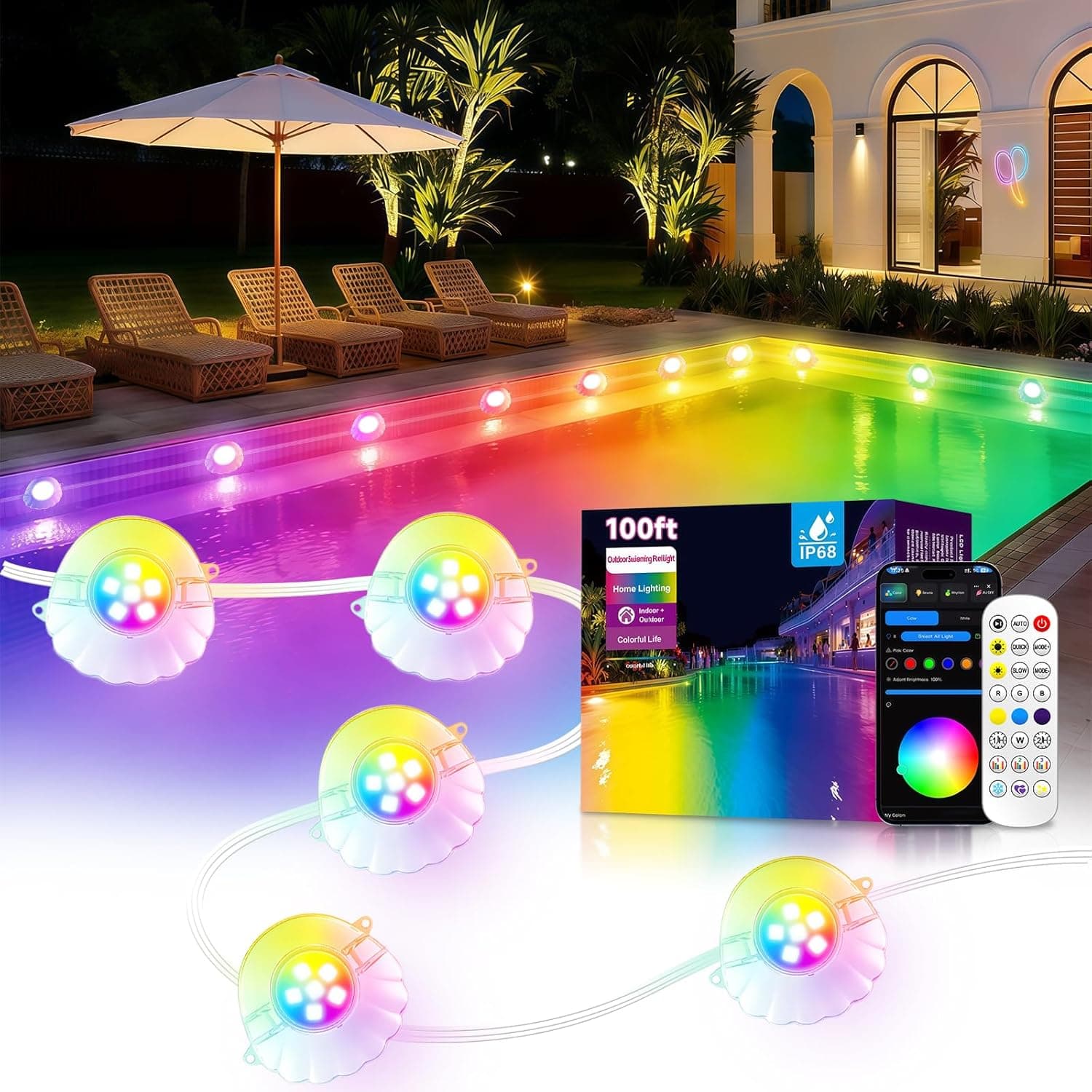 100FT RGB Swimming Pool Lights for Inground & Above Ground Pools,IP68 Waterproof,Plug-in 16 Shell Pool LED String Lights,Remote/APP Control,16M Colors,DIY Timer,44 Dynamic Modes for Pool Decor