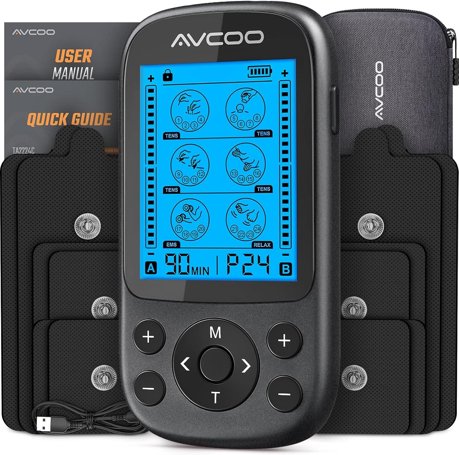 AVCOO Dual Channel TENS Unit Muscle Stimulator, 3-in-1 EMS TENS Machine with 24 Modes & 40 Levels, Rechargeable EMS Massager for Neck, Shoulder & Back Pain Relief with 12 Pads, EVA Case, Black