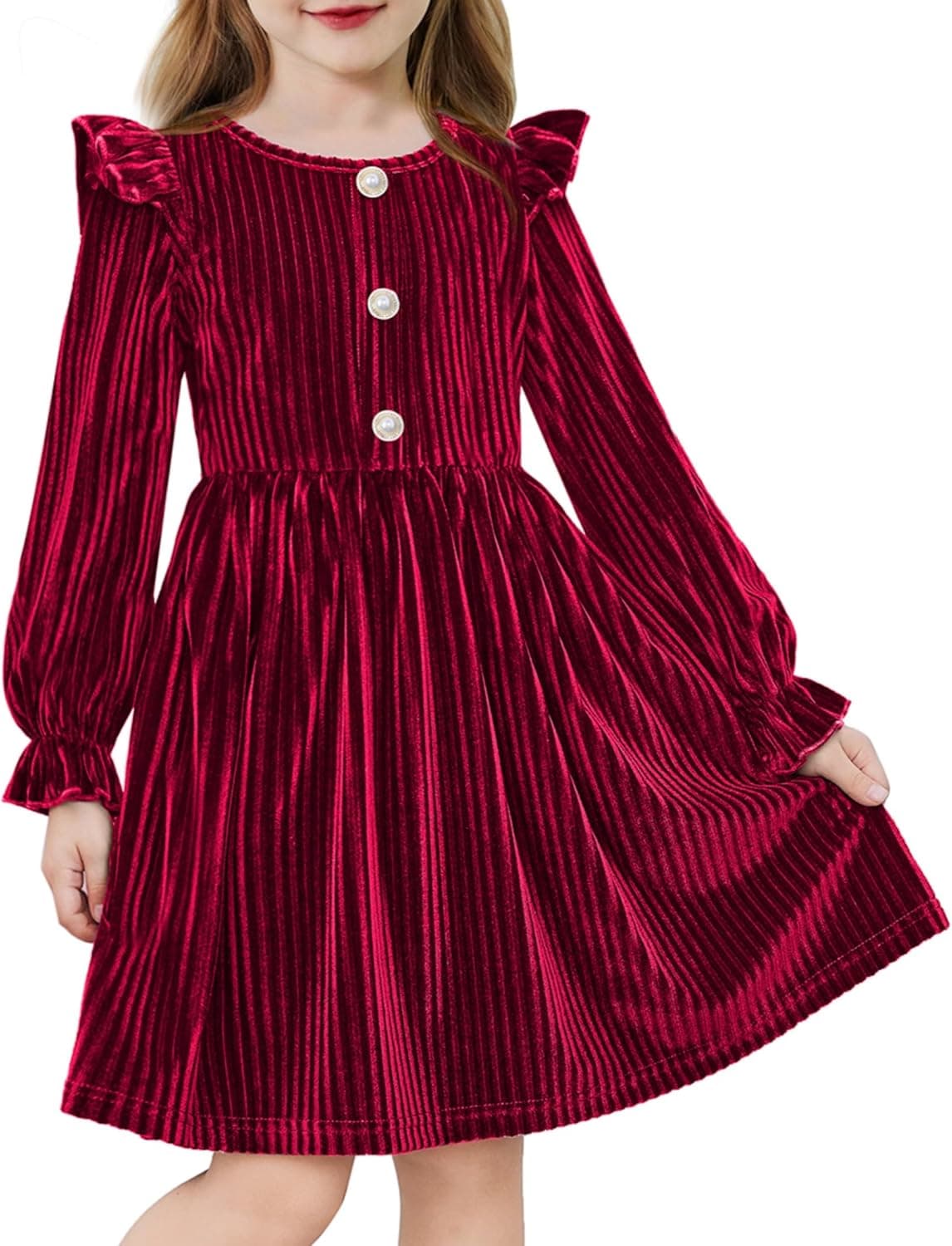 Arshiner Toddler Girls Long Sleeve Velvet Dress Ruffled Crew Neck Midi A-Line Fall Vintage Dress with Pockets for Kids 2-8Y - image 1