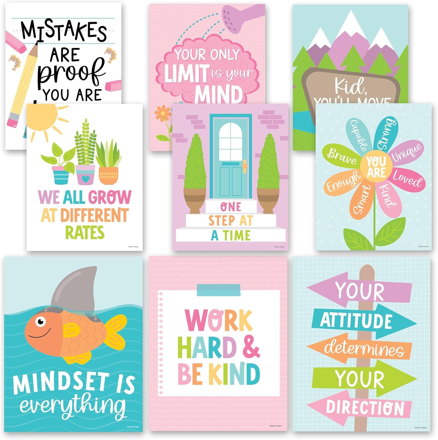 Hadley Designs Motivational Poster for Classroom Decor - 9 Growth Mindset Classroom Posters Elementary, Inspirational Wall Decor Middle School, Teacher Must Haves, Pastel Bulletin Board Decorations