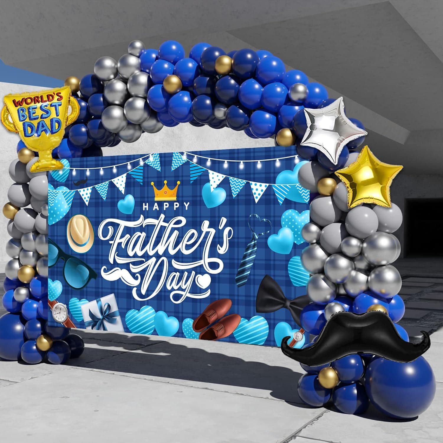 Fathers Day Decorations, 147PCS Father’s Day Balloon Garland Arch Kit Navy Blue Silver Gold Balloons with Large Happy Father’s Day Backdrop Banner, Happy Father’s Day Decorations