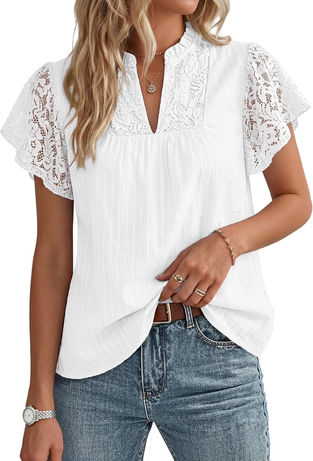 GRACE KARIN Womens Lace Short Sleeve Tops Summer Dressy Casual Cotton Blouses Flowy V Neck Dress Shirts Trendy Clothing 2026 - image 1