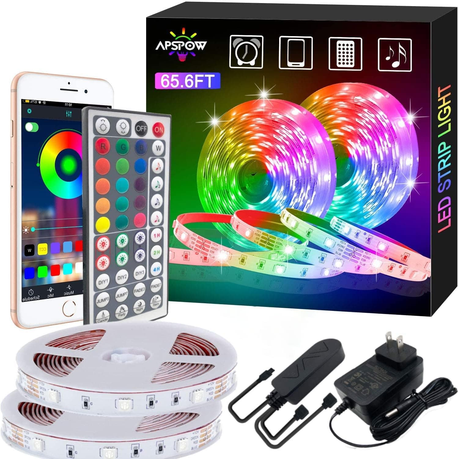 LED Strip Lights - 65.6FT Music Sync Color Changing with Remote, Bluetooth, 5050 LED Strip Lights for Bedroom, Home Party and Decoration