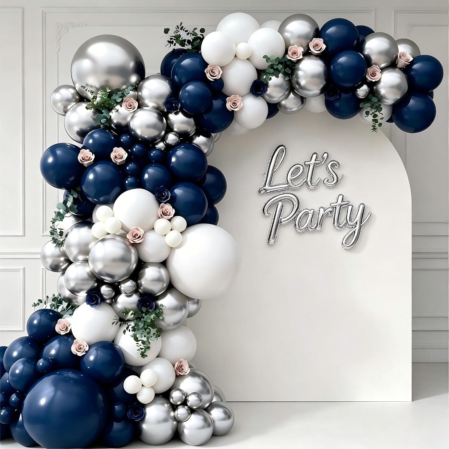 Navy Blue and Silver Balloon Garland Arch Kit, Royal Blue White Metallic Silver Balloons for Wedding Graduation New Year Bridal Shower Birthday Party Decorations
