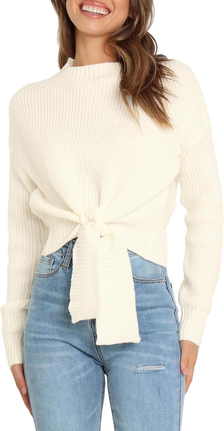 Okiwam Women's Long Sleeve Cropped Sweaters Casual Knit Pullover Tie Front Crew Neck Fall Outfits Spring Fashion Clothes 2026 - image 1
