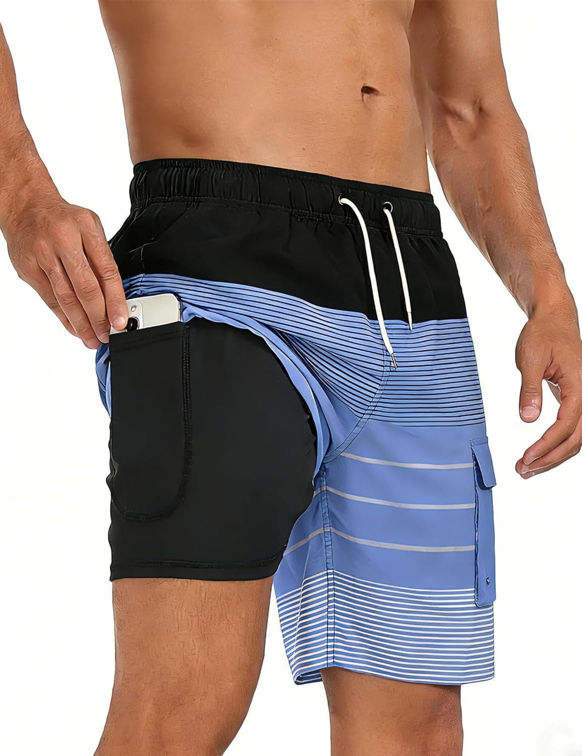Mens Swim Trunks with Compression Liner 7 inch Inseam Quick Dry 2 in 1 Beach Board Shorts with Pockets S-3XL