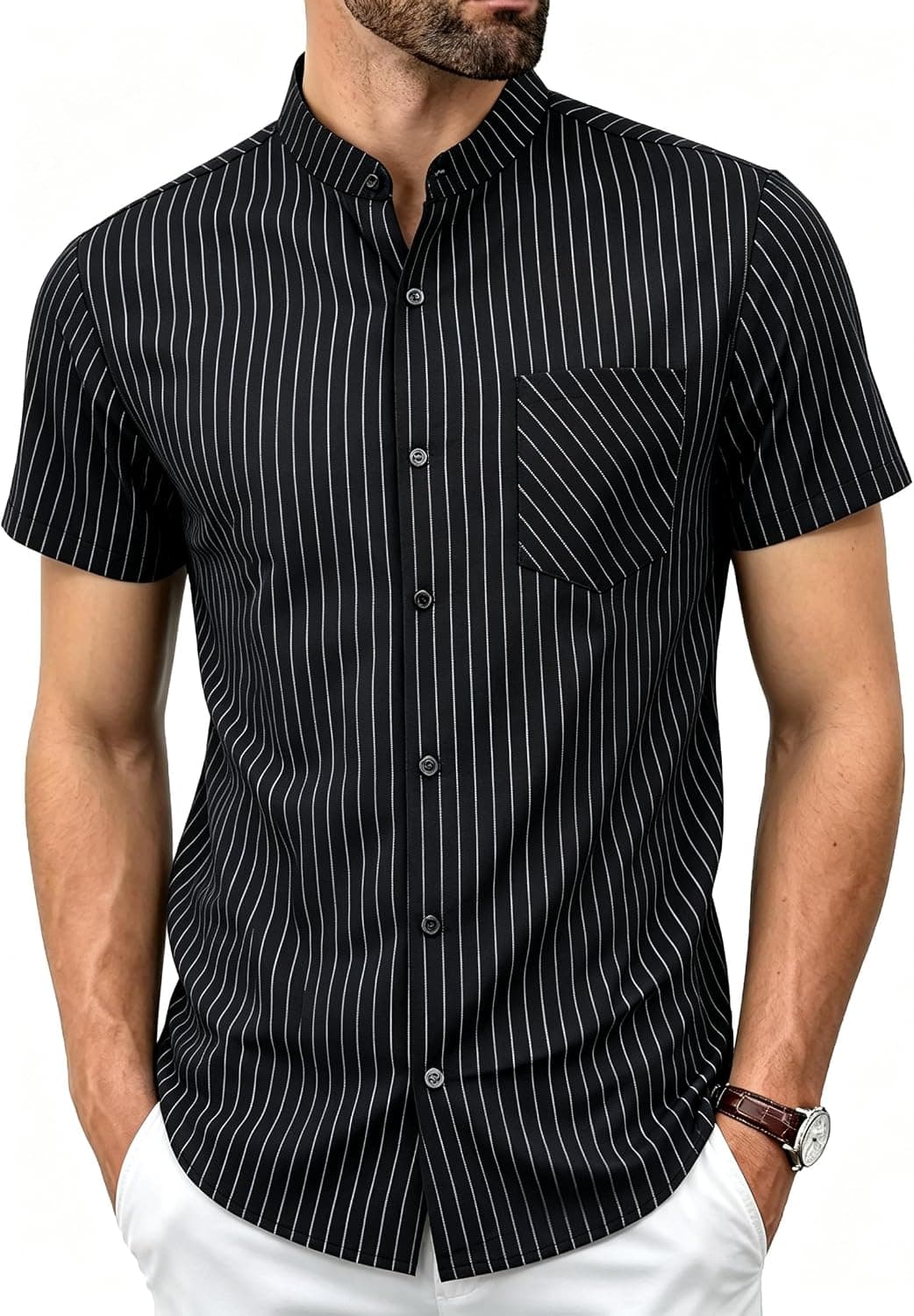 Men's Short Sleeve Striped Stand Collar Button Down Wrinkle Free Shirt - image 1