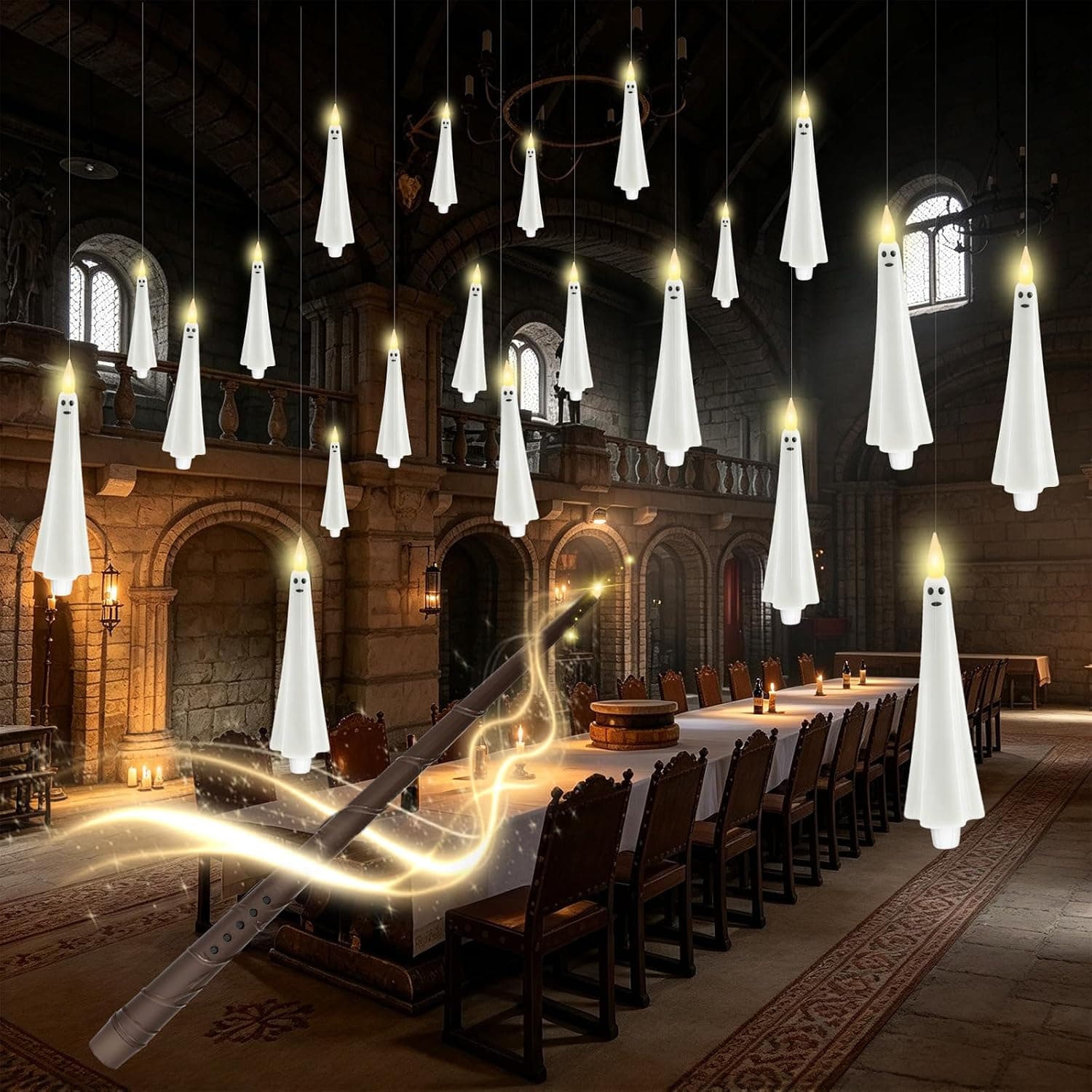 20 Pcs Halloween Ghost Flameless Floating Candles with Wand Remote Timer, Battery Operated LED Taper Candles for Hanging or Candelabra, Halloween Home Decor(White)