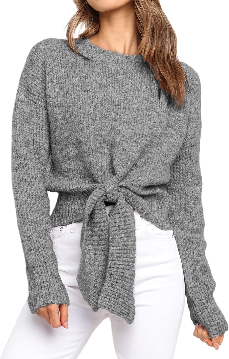 Okiwam Women's Long Sleeve Cropped Sweaters Casual Knit Pullover Tie Front Crew Neck Fall Outfits Fashion Clothes 2025