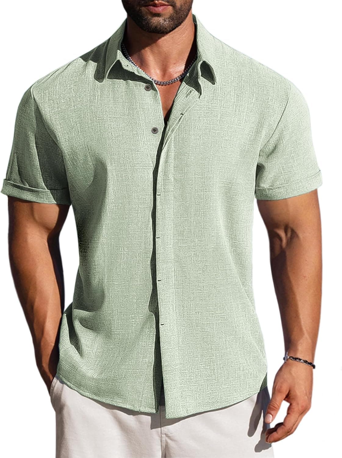 Linen Shirts Mens Button Down Short Sleeve Shirt for Summer Business Casual, Beach & Wedding Guest - image 1
