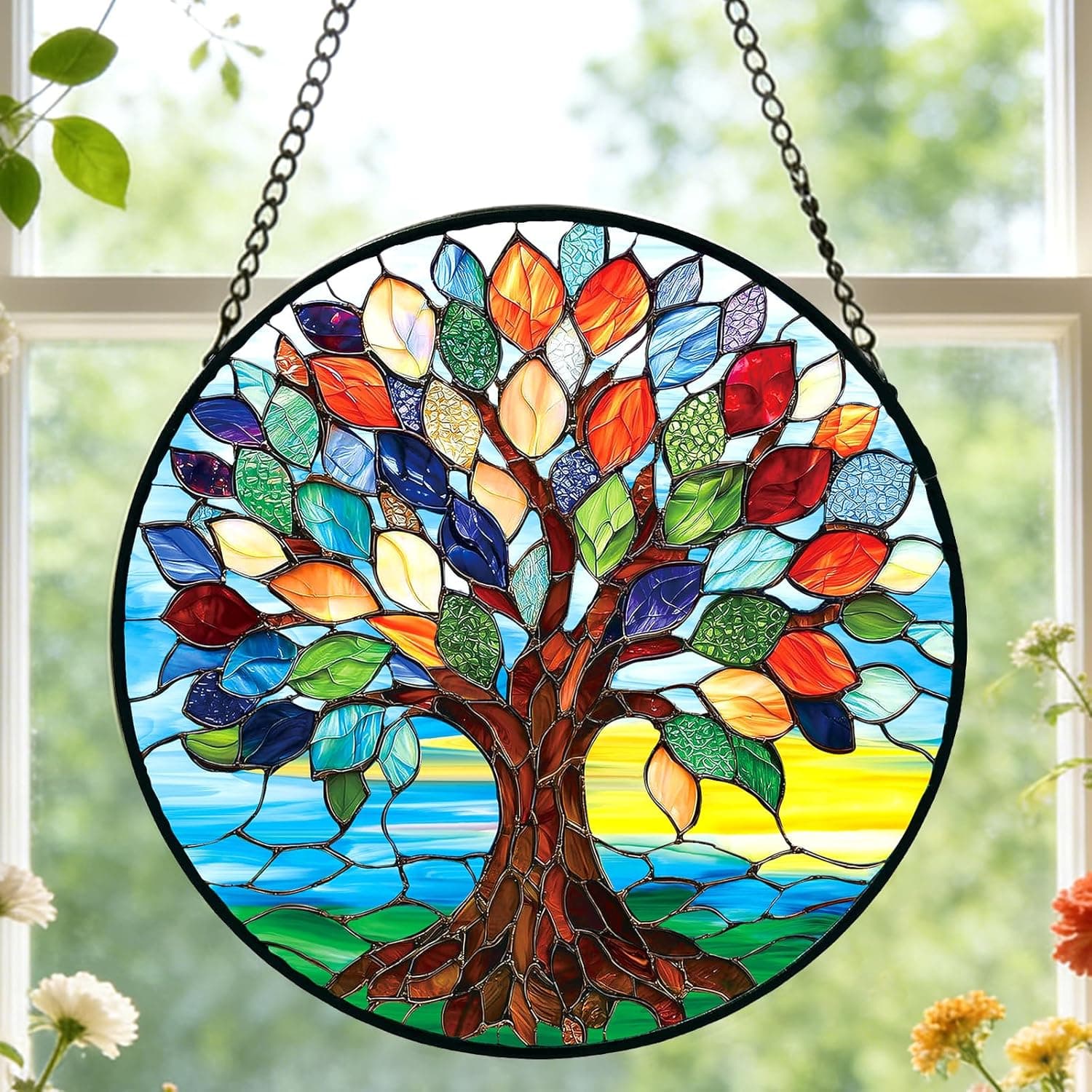 Stained Glass Window Hanging, Tree of Life Suncatcher for Door Home Decor, Colorful Tree Art Sunrise Sun Catcher Ornament Mother's Day Birthday Gifts for Women Men Mom 6.3 in
