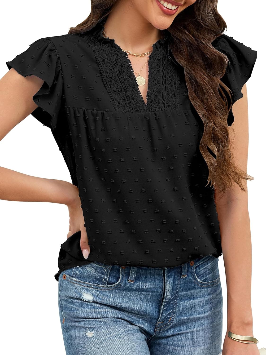 ECOWISH Womens Summer Tops Dressy Casual Ruffle V Neck Short Sleeve Blouses Swiss Dot Boho Flowy Shirts 2026 - image 1