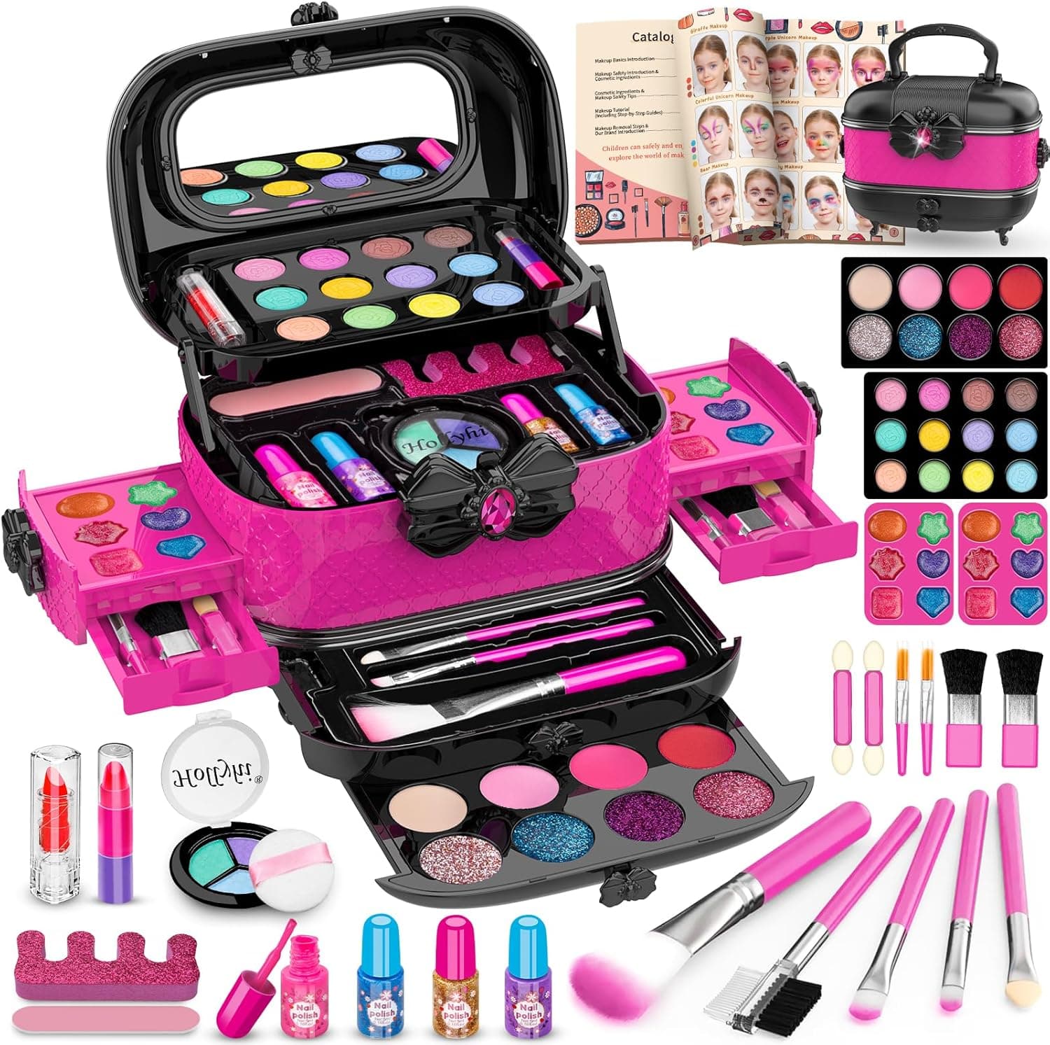 Hollyhi 58 Pcs Kids Makeup Kit for Girl, Princess Toys Real Washable Cosmetic Set with Mirror