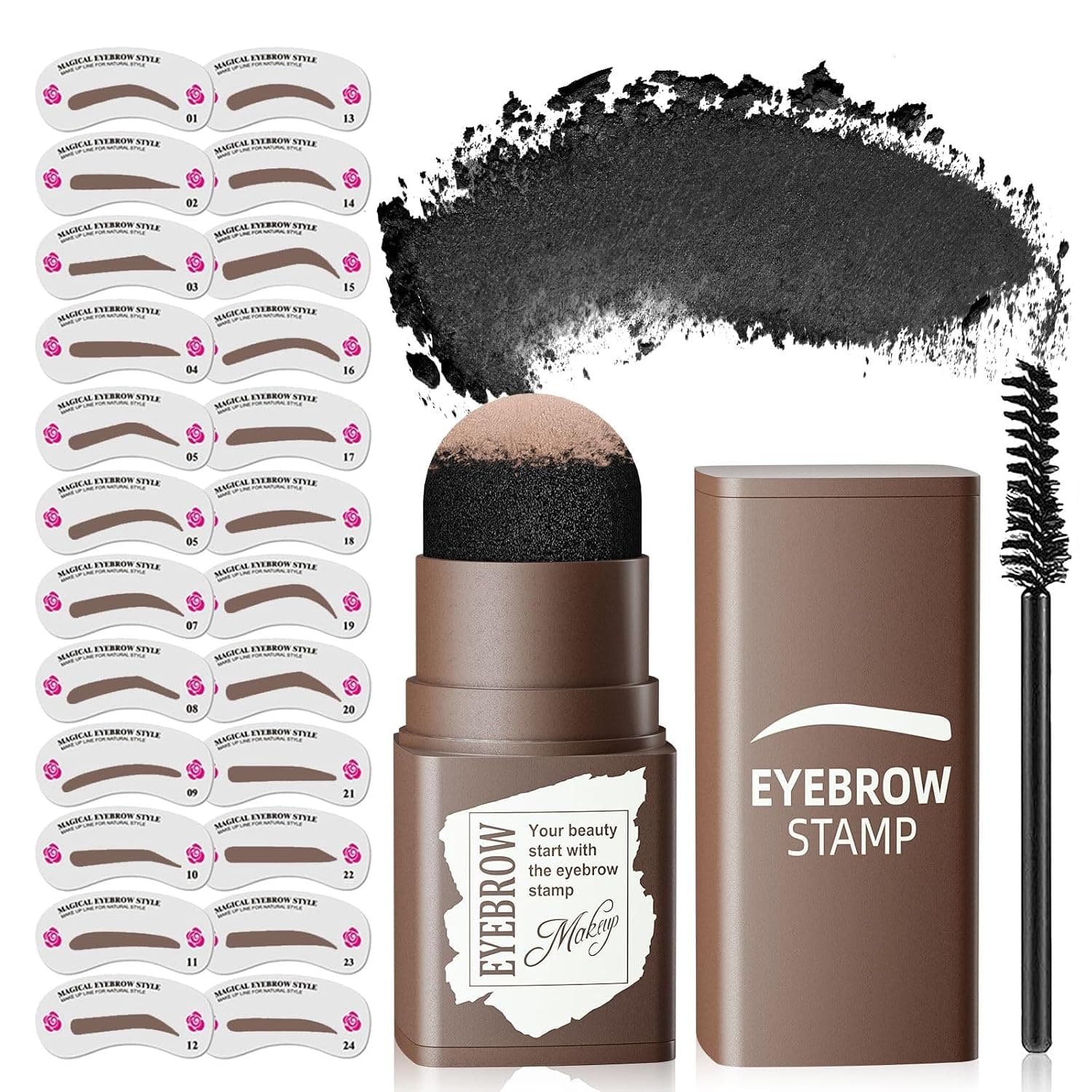 Eyebrow Stamp Stencil Kit - Eye Brow Stencil Kits with Eyebrow Blush, Long-lasting Waterproof & Smudge-Proof Eyebrow Shaping Kit with 24 Reusable Eyebrow Stencils for Perfect Brow(Dark Black)