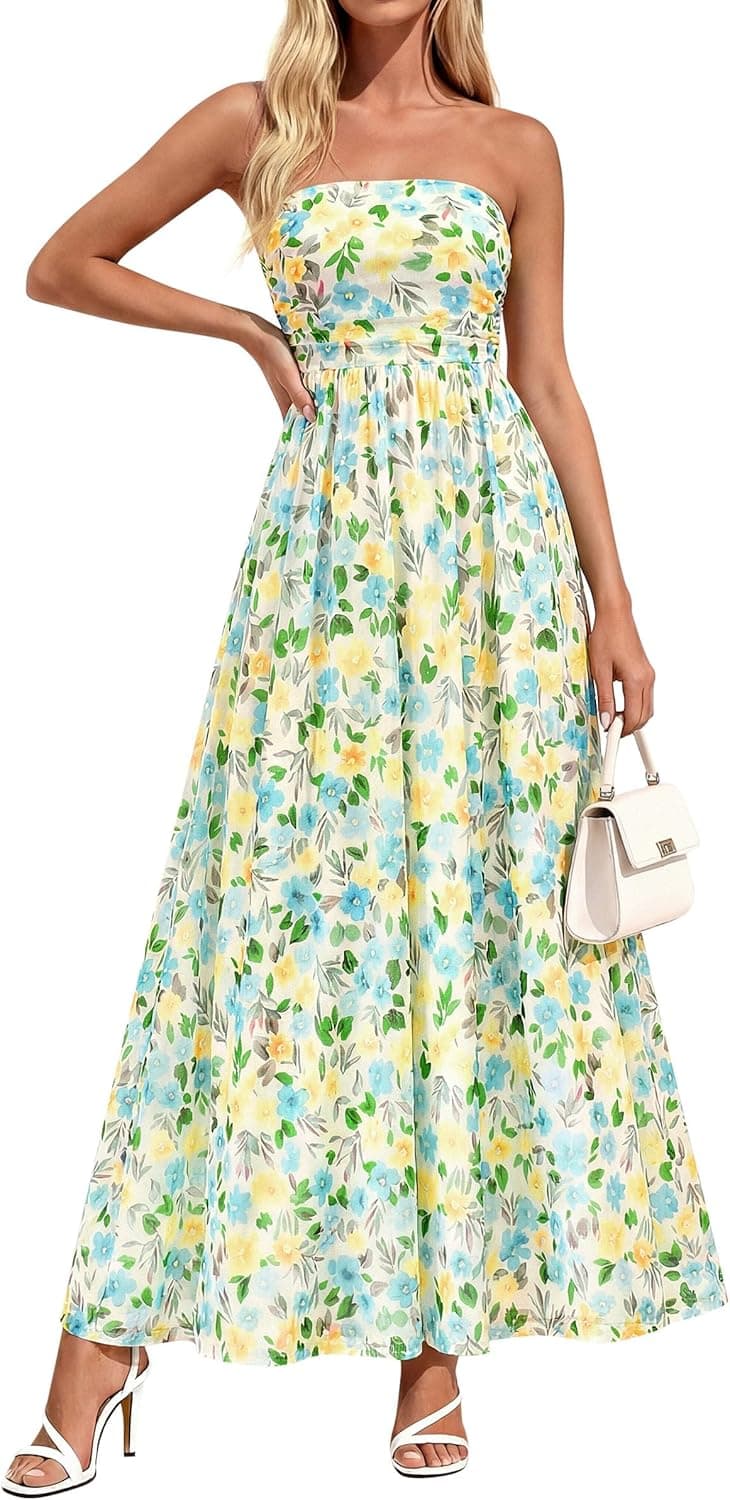 PRETTYGARDEN Women Strapless Maxi Dress 2026 Summer Floral Tube Top Ruched Beach Spring Wedding Guest Long Dresses - image 1