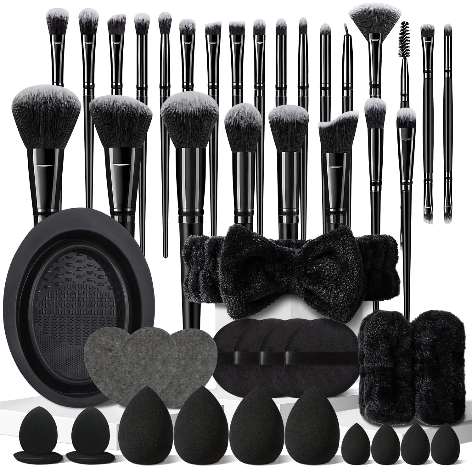 47Pcs Black Makeup Brushes Set Professional Premium Synthetic for Blush Foundation Eye Shadow Concealer Powder Eye & Face Make up Brush Kit with Beauty Blender Sponge Set Tools