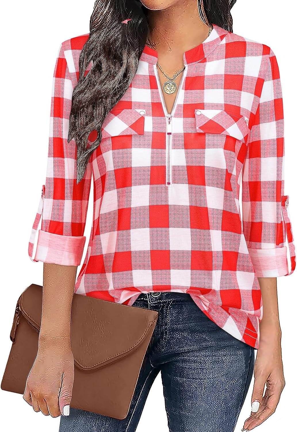 Bulotus 3/4 Length Sleeve Womens Striped Tops Zipper V Neck Collared Blouses Business Casual Tunics 2026 Spring Trendy - image 1
