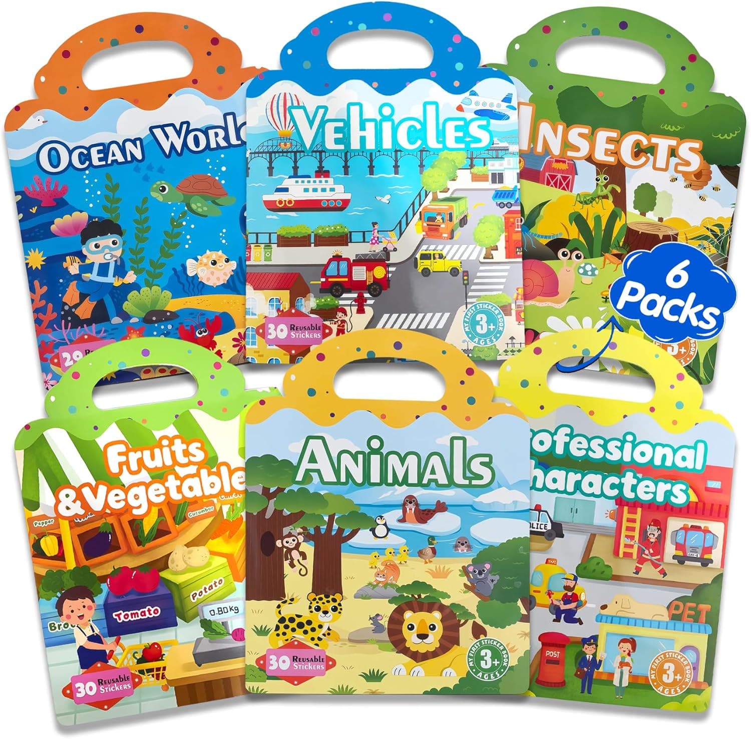 6 Sets Reusable Sticker Book for Kids, Puffy Jelly Stickers for Toddlers, Travel Essentials Craft Activities Toys for Boys Girls Birthday Gifts - image 1