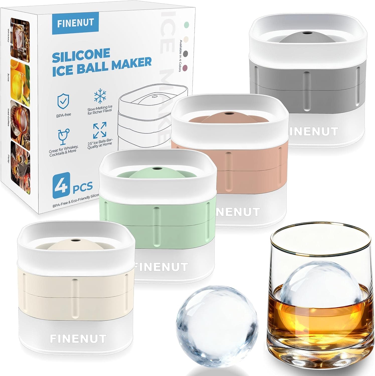Silicone Ice Ball Mold with Lid, 4 Pack – 2.5 Inch Large Sphere Round Ice Maker, Easy Release BPA-Free Silicone Trays for Whiskey & Cocktails, Home Bars & Freezer (Multicolor-Premium)