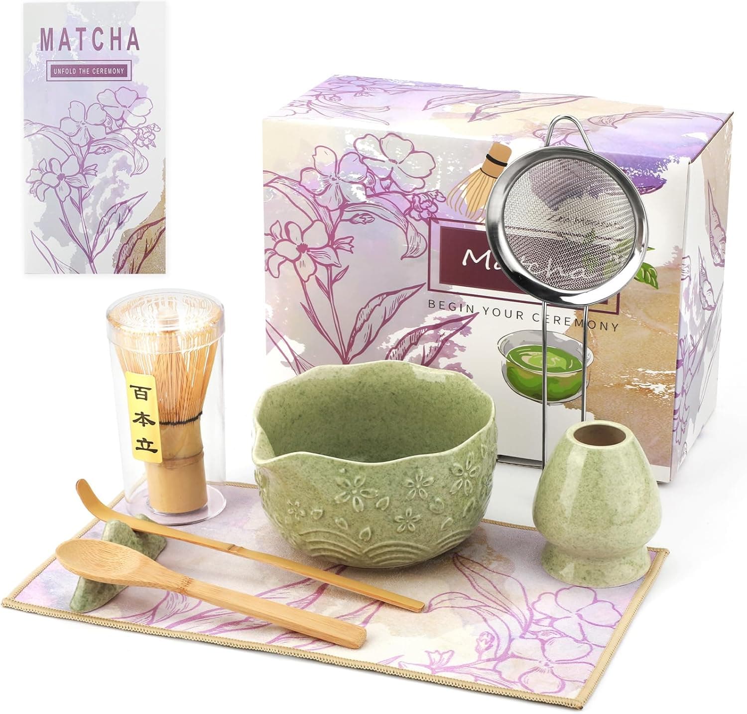 Matcha Whisk Set, 8 Pcs Matcha Kit with Ceramic Japanese Matcha Bowl & Accessories Kit for Traditional Tea Ceremony, Home Use & Gifts for Matcha Lovers (Green)