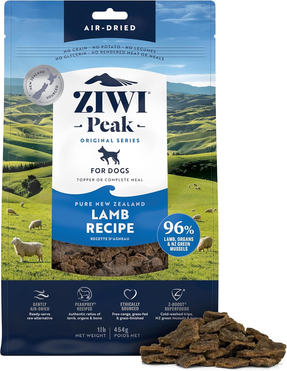 ZIWI Peak Air-Dried Dog Food, Lamb, 96% Meat & Organs, Grain-Free, 1 lb