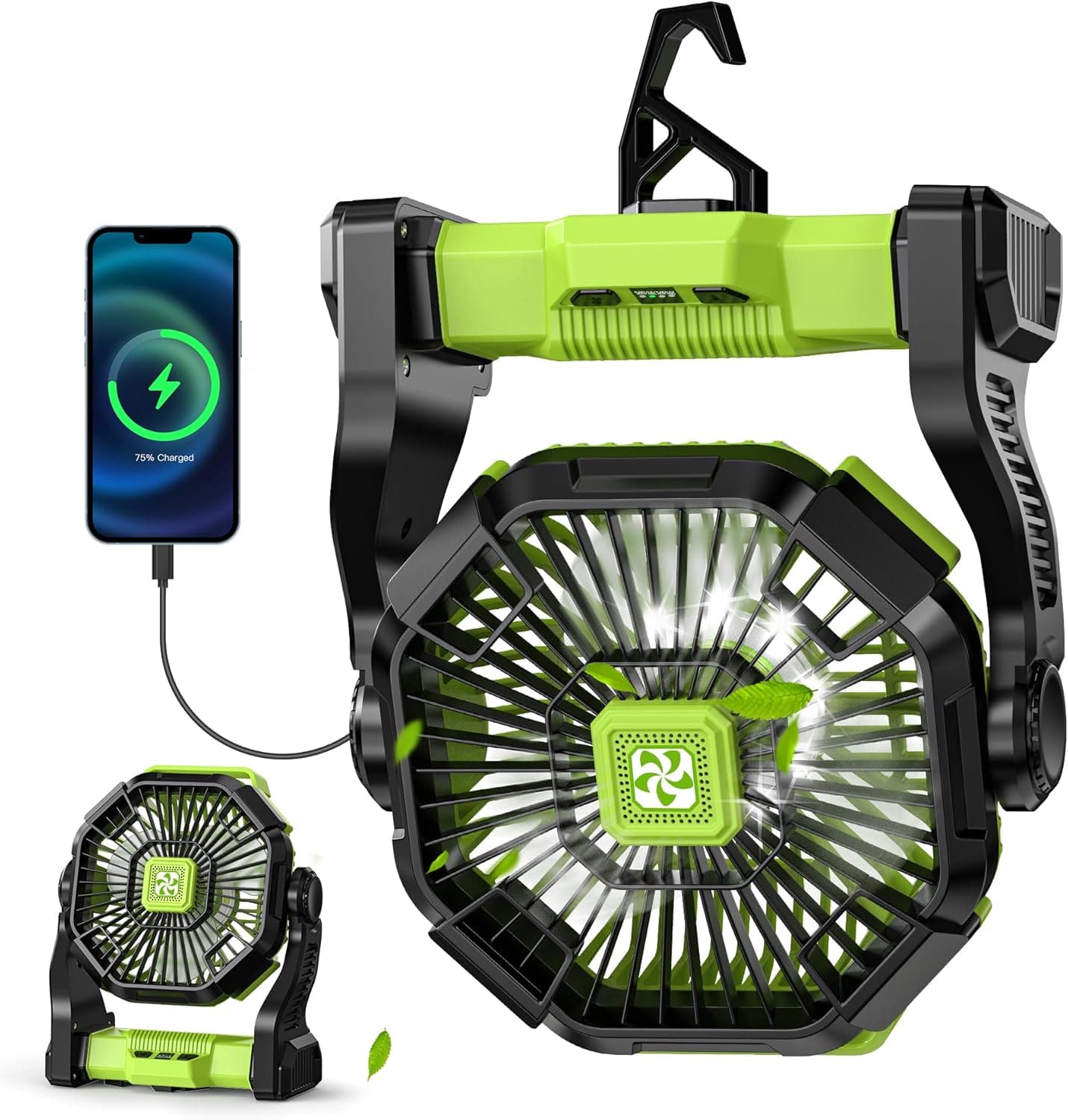 Battery Powered Fan -Lash Fans with Led Lantern, Portable Rechargeable, Battery Operated for Mobile Phone, Hook 4 Speed Quiet Personal for Desk Fan, Travel, Fishing, Power Outage, Hurricane-Green