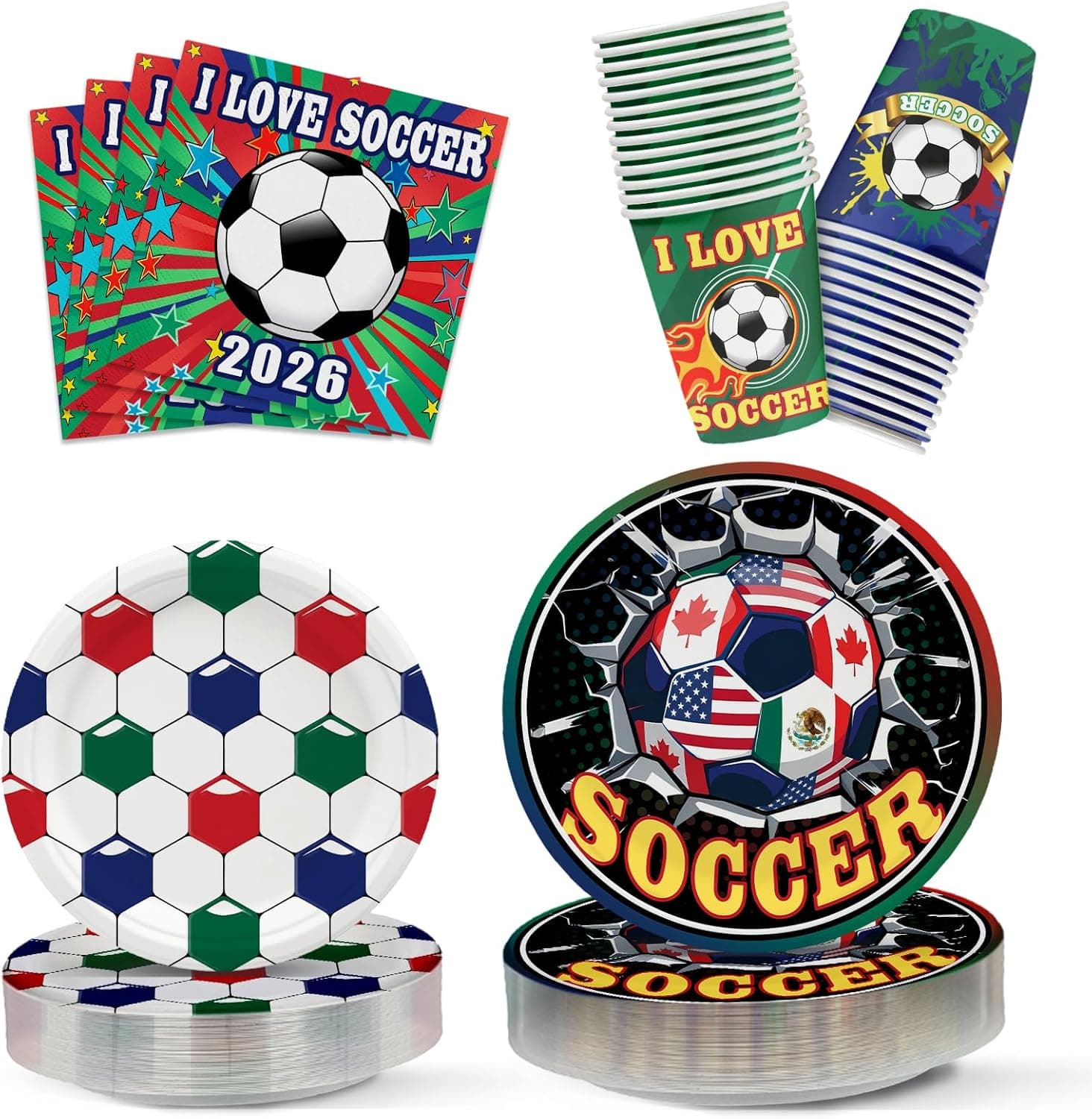 Hiboss 2026 World Soccer Cup Party Tableware Set 104PCS, Soccer Sports Events Decorations Supplies, International Festivals Disposable Paper Plates Napkins Cups Serves 26