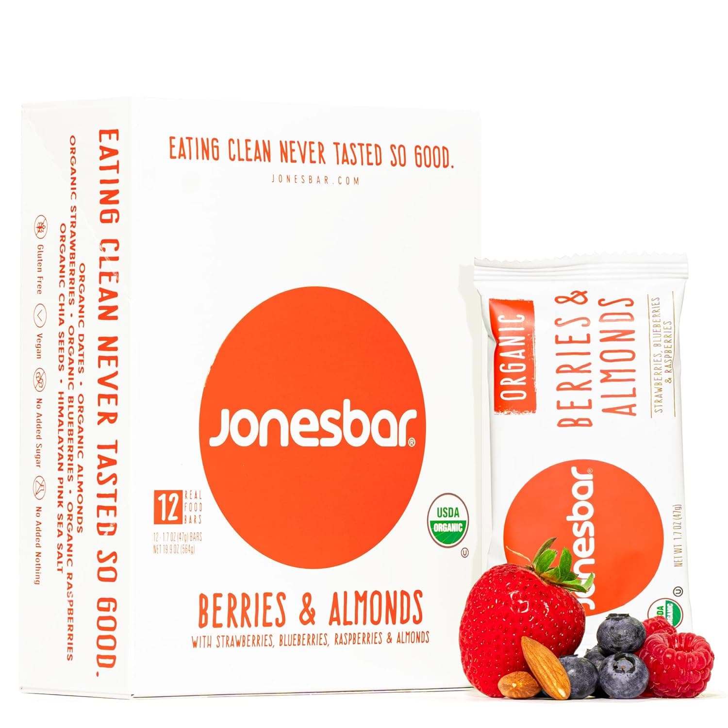 JONESBAR Organic Plant Based Protein Bars | Berries and Almonds | Fruit & Nut Bar, Kosher, Gluten Free, Breakfast Bars, School Snacks, Vegan Snack & Healthy Snacks for Adults and Kids (12 Bars)