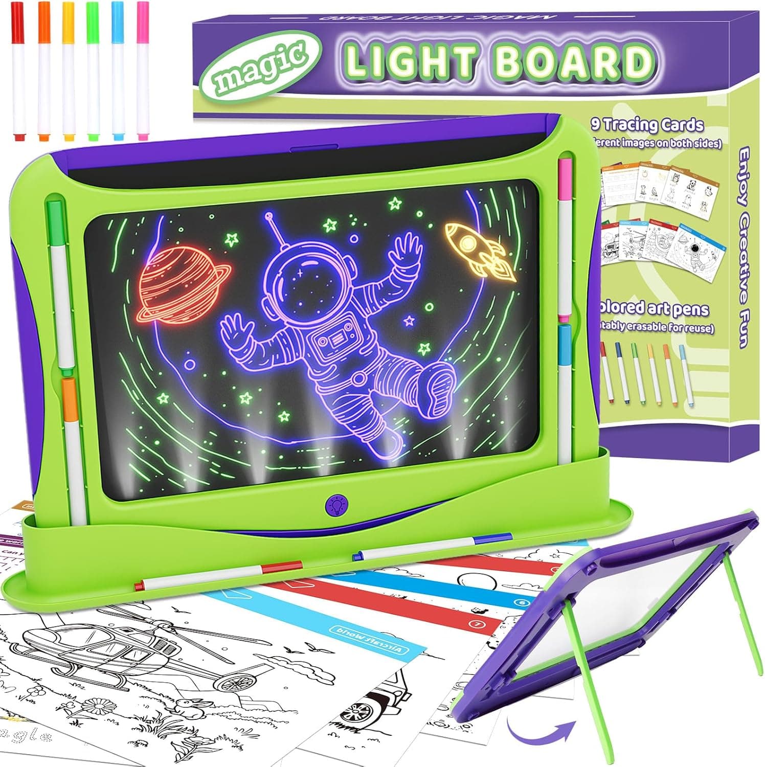 Magic LED Drawing Board for Kids Age 6-8, Light Up Tracing Pad Boy Girl Toys, Reusable Doodle Writing Tablet, 9 Double-Sided Cards, 6 Markers, Arts Crafts Learning Toy, Easter Christmas Birthday Gifts